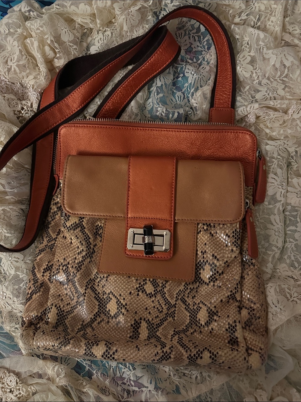 Sharif original brown & Orange Snake-Print Crossbody Bag. EUC